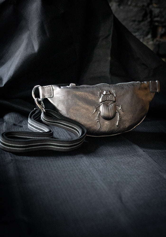 Platinum Leather Scarab Embossed Belt Bag