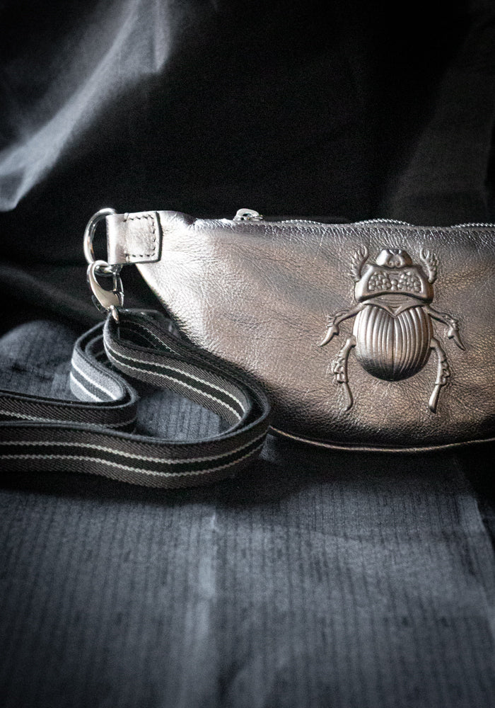 Platinum Leather Scarab Embossed Belt Bag