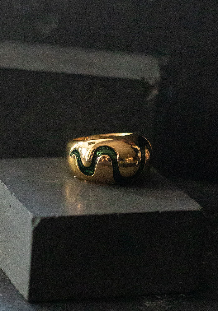 Gold Plated Bronze Green Resin Serpent Ring