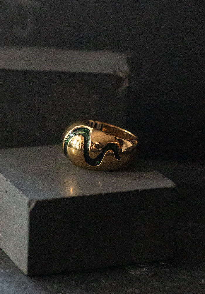 Gold Plated Bronze Green Resin Serpent Ring