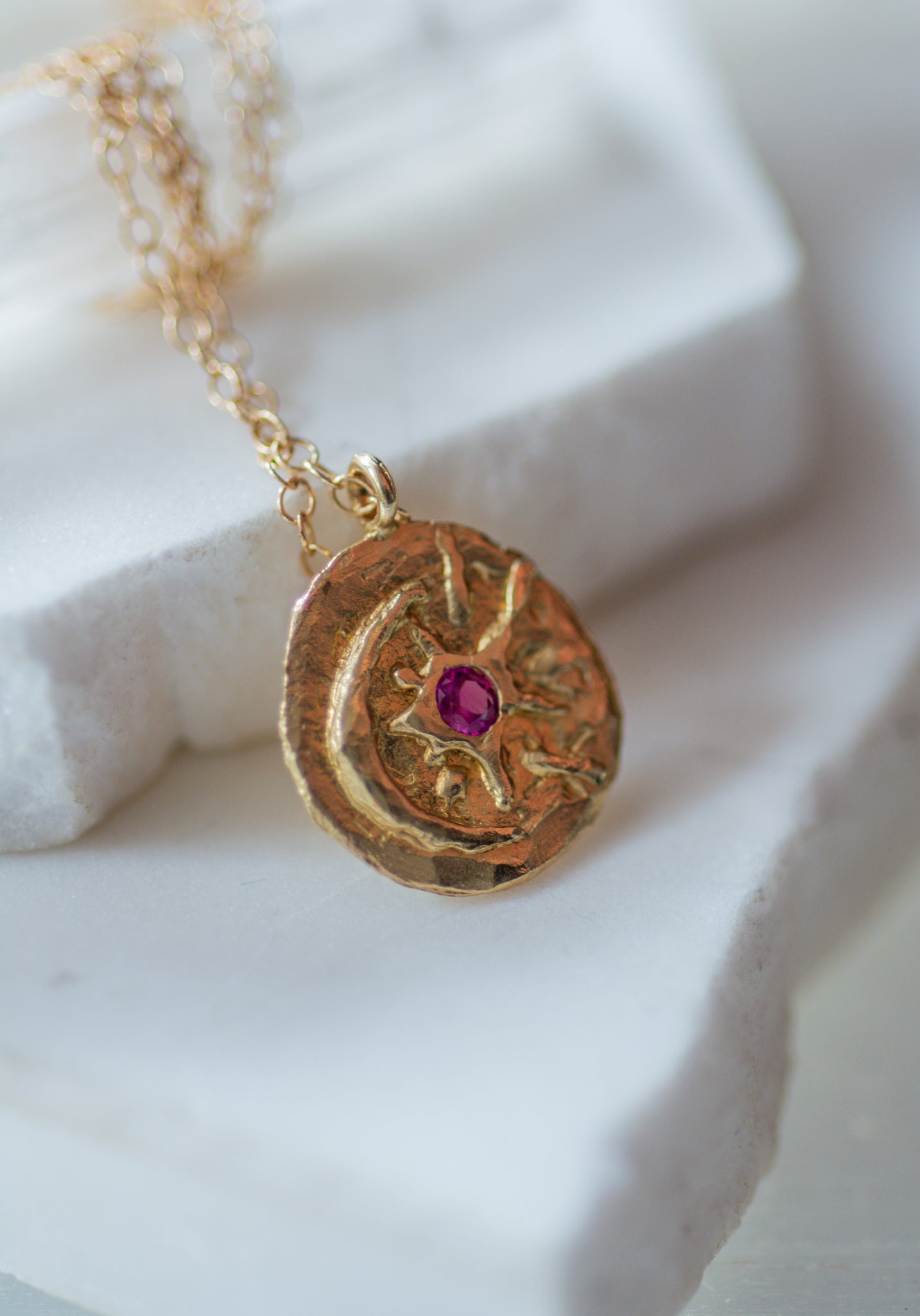 14k Gold and Ruby Crescent Star Necklace