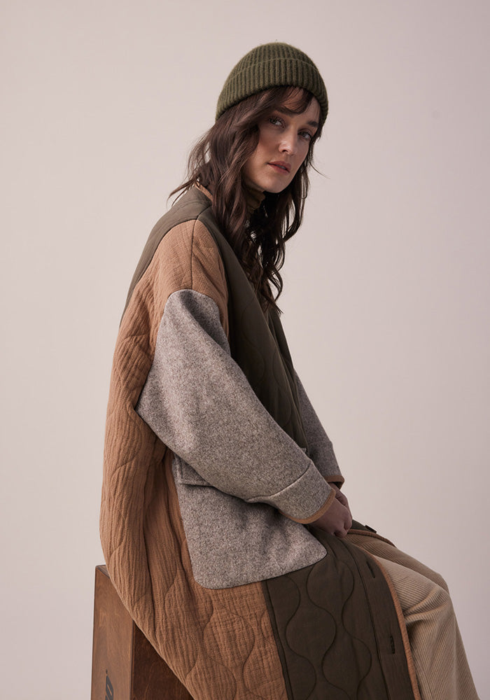 Oversized Patch Quilted Wool and Cotton Blend Coat