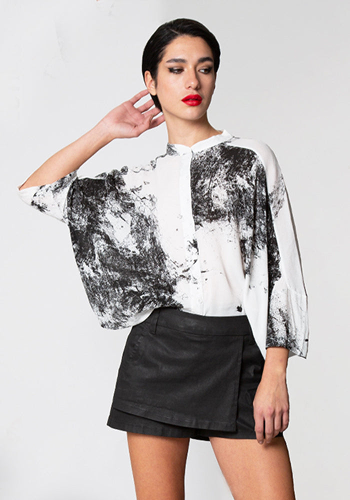 Oversized Drop Shoulder Printed Button Down Blouse