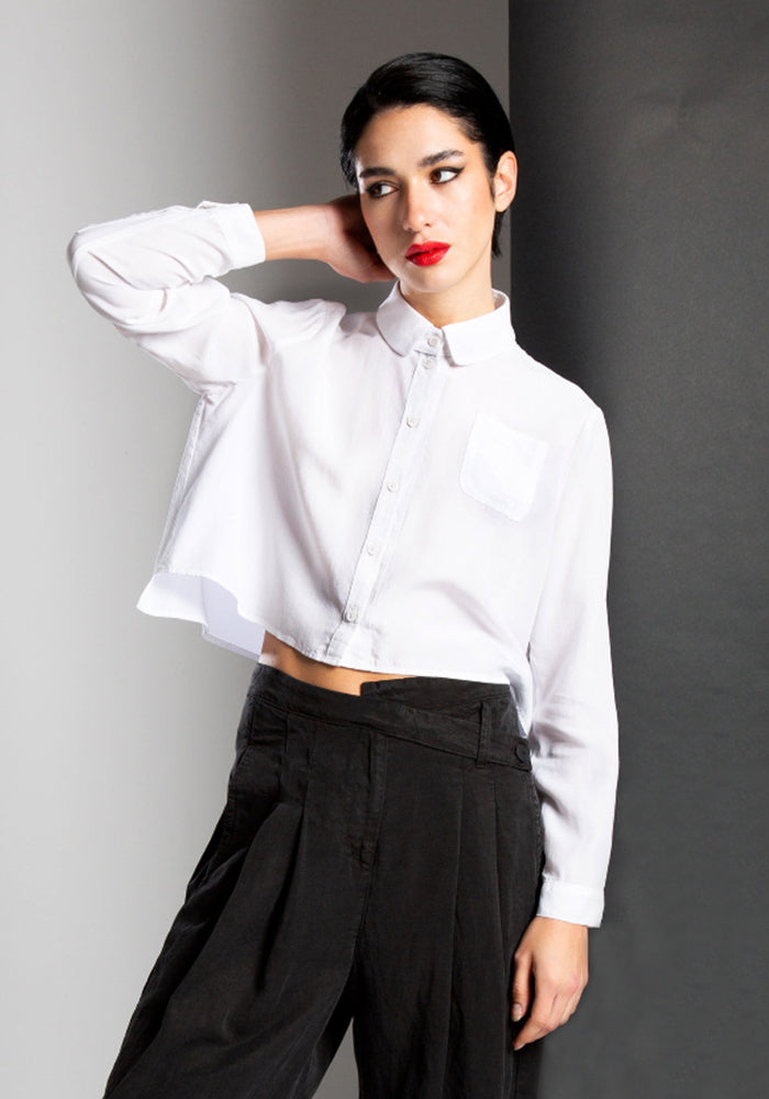 Cropped Long Sleeve Curved Button Up Detail Blouse in BLACK or WHITE