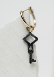 Single 14k Gold, Diamond and Oxidized Sterling Silver Diamond Key Huggie