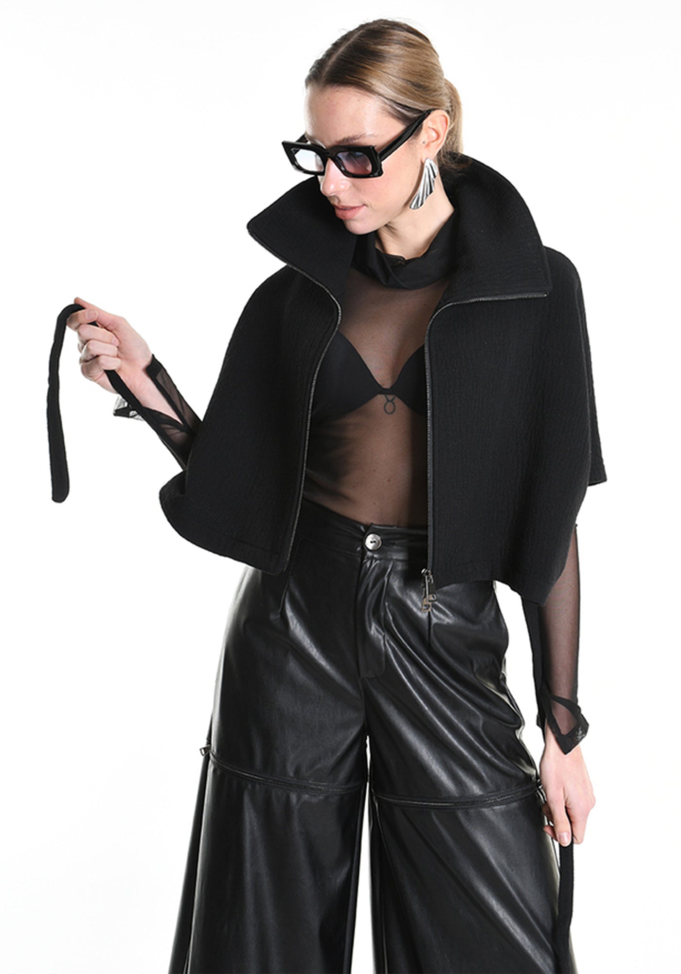 Asymmetric Cropped Wool Blend Jacket