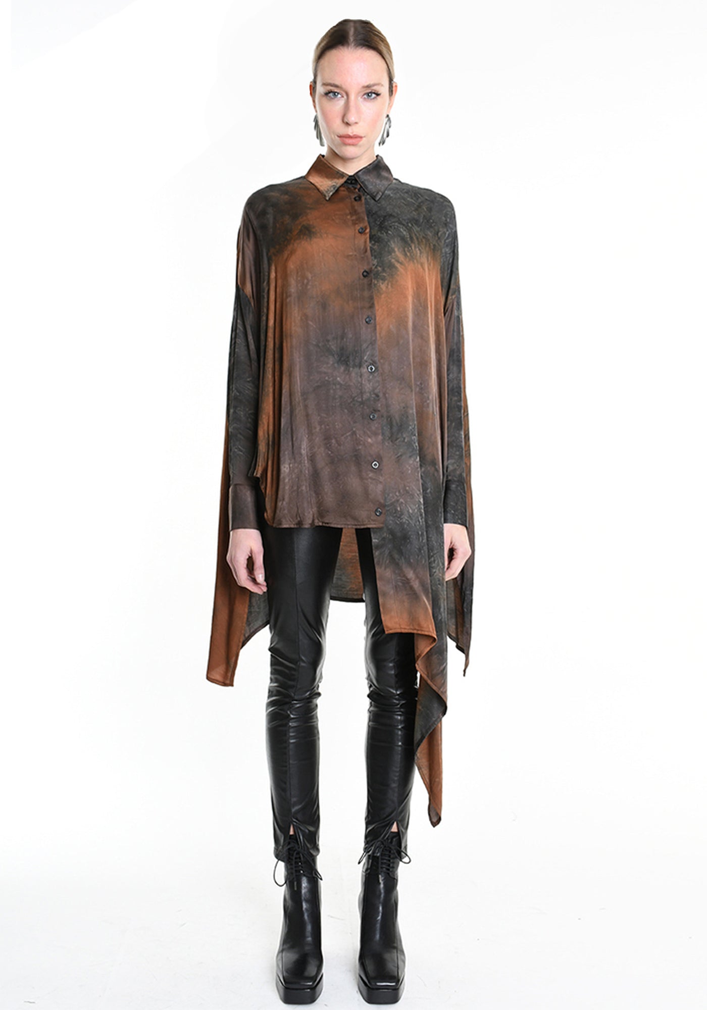 Asymmetric Dyed Satin Tunic Blouse