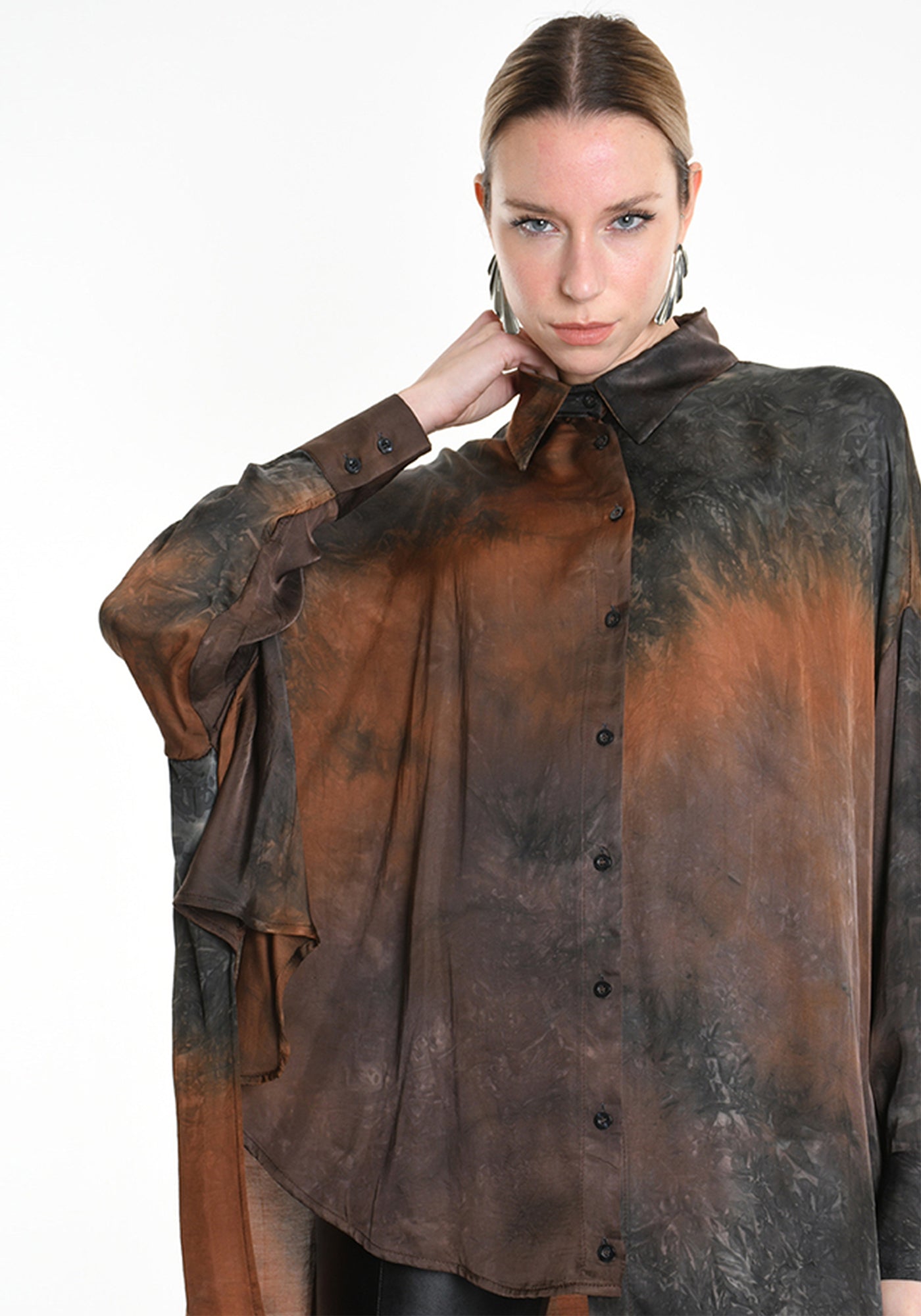 Asymmetric Dyed Satin Tunic Blouse