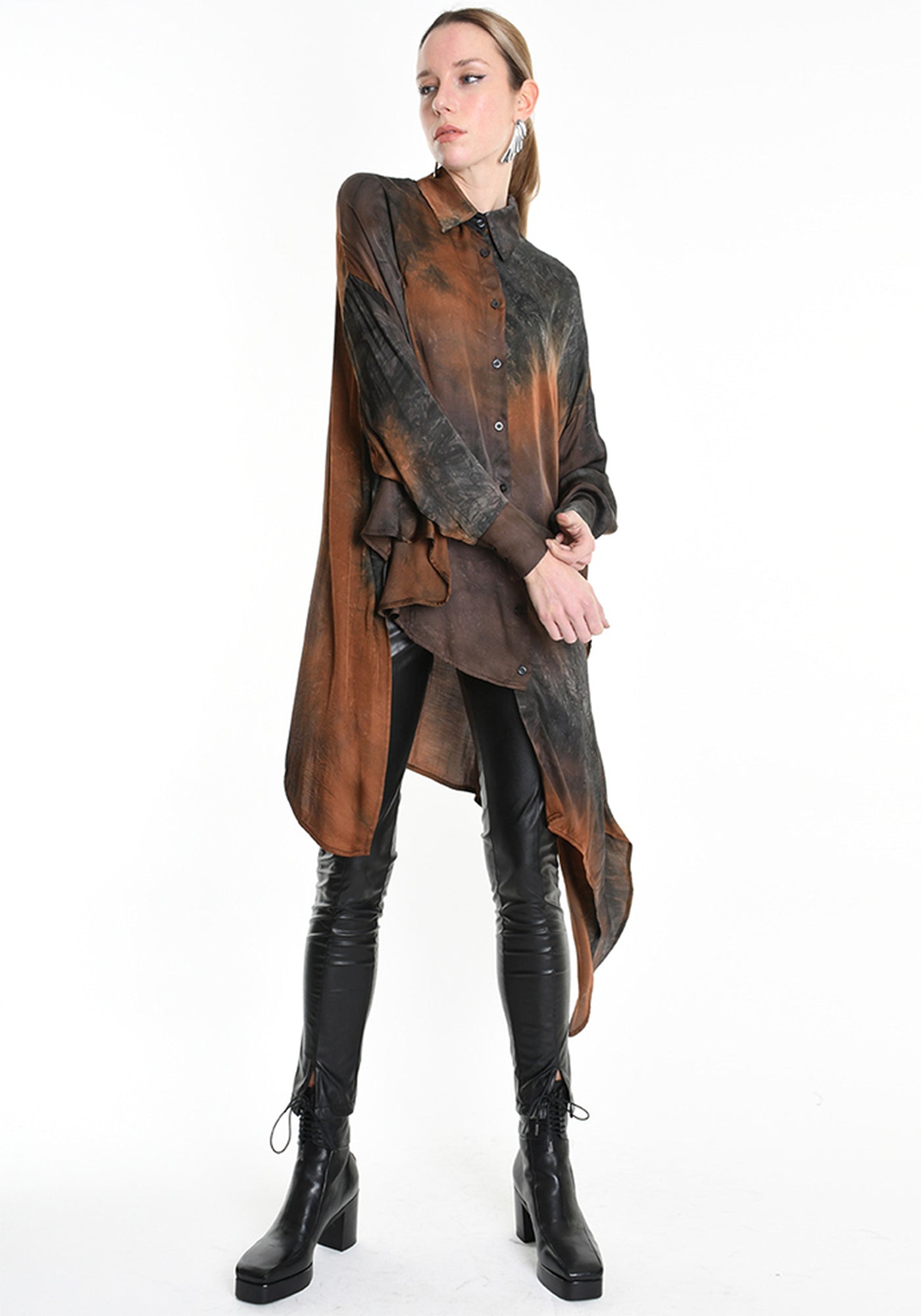 Asymmetric Dyed Satin Tunic Blouse