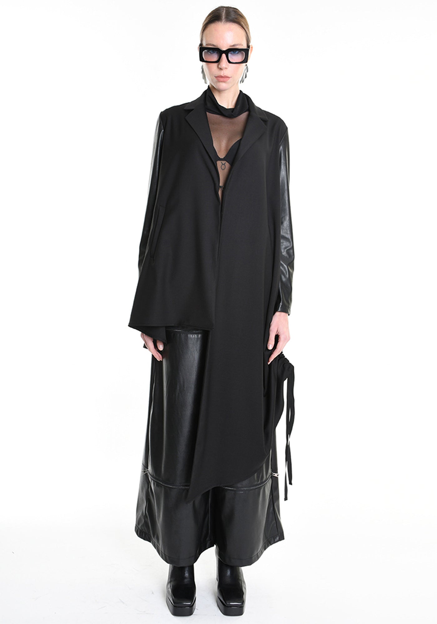 Asymmetric Faux Leather Details Maxi Jacket