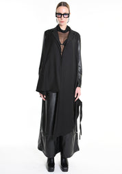 Asymmetric Faux Leather Details Maxi Jacket