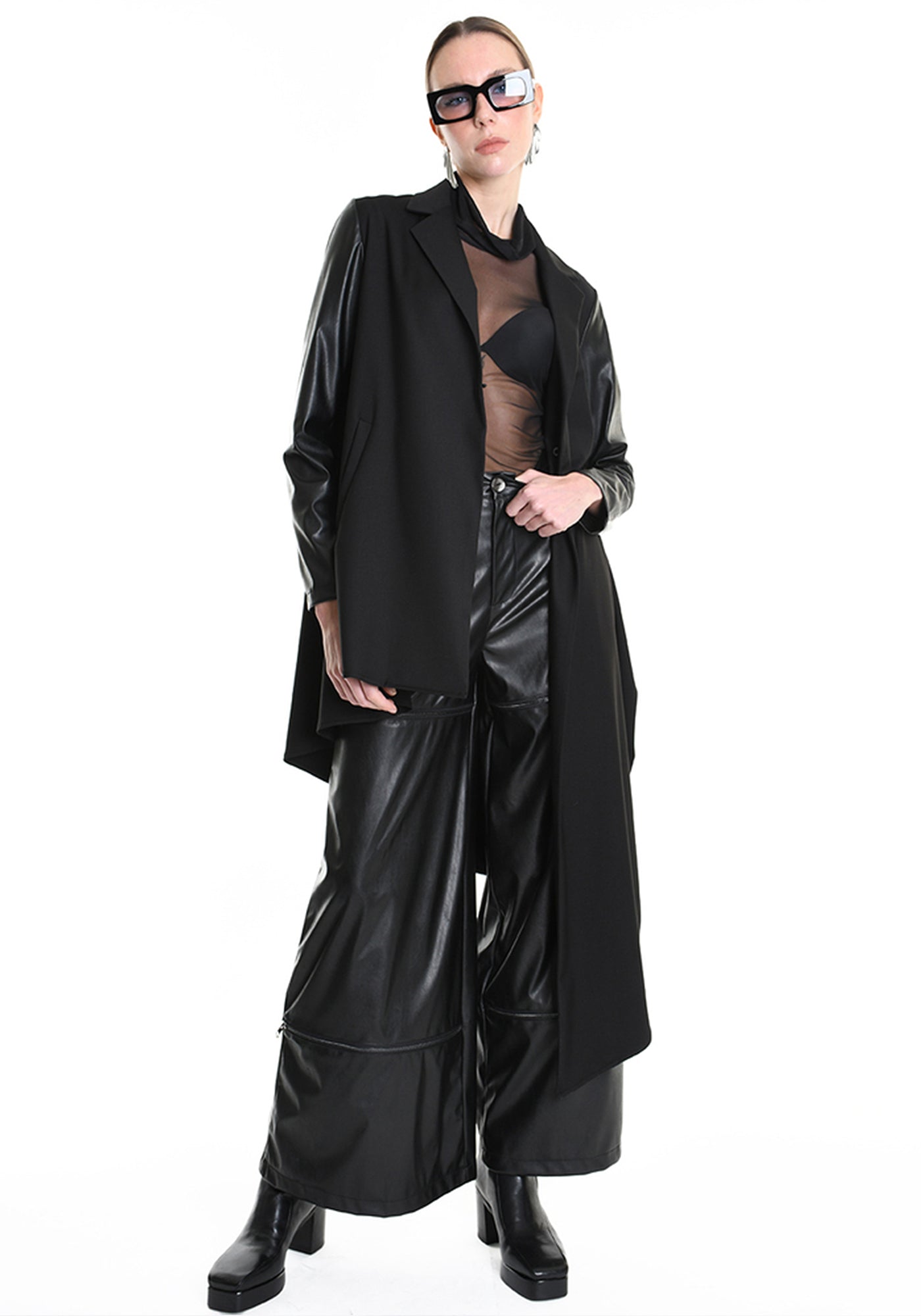 Asymmetric Faux Leather Details Maxi Jacket