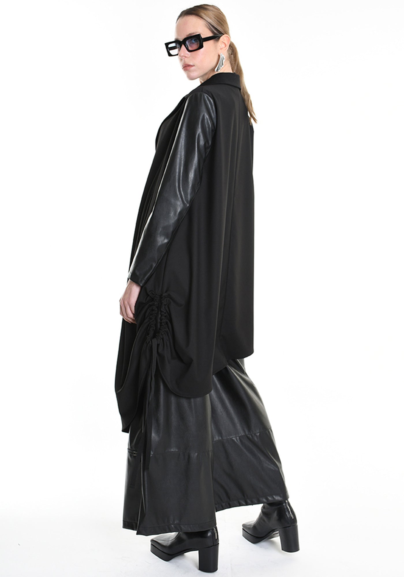 Asymmetric Faux Leather Details Maxi Jacket