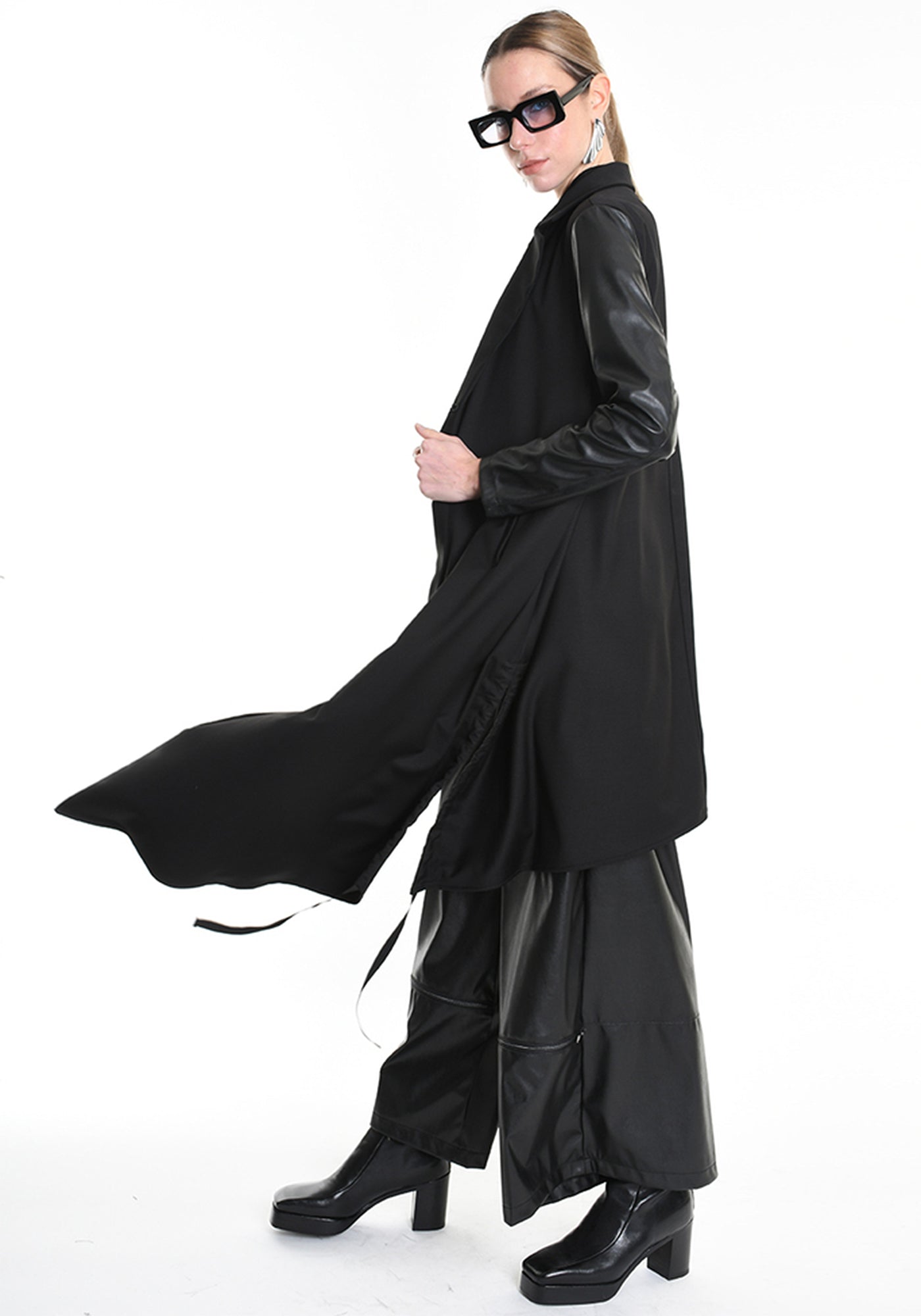 Asymmetric Faux Leather Details Maxi Jacket