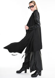 Asymmetric Faux Leather Details Maxi Jacket