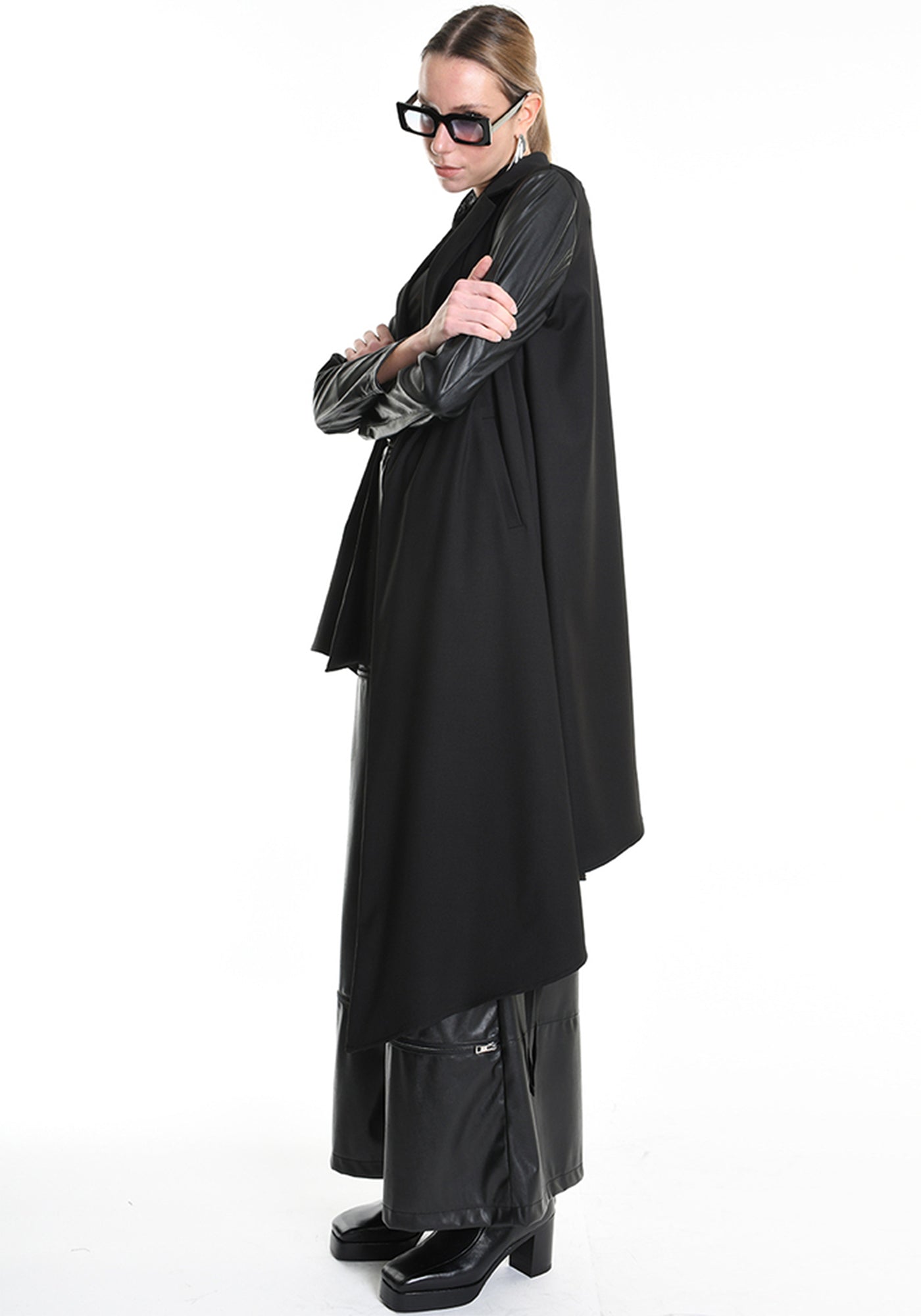 Asymmetric Faux Leather Details Maxi Jacket