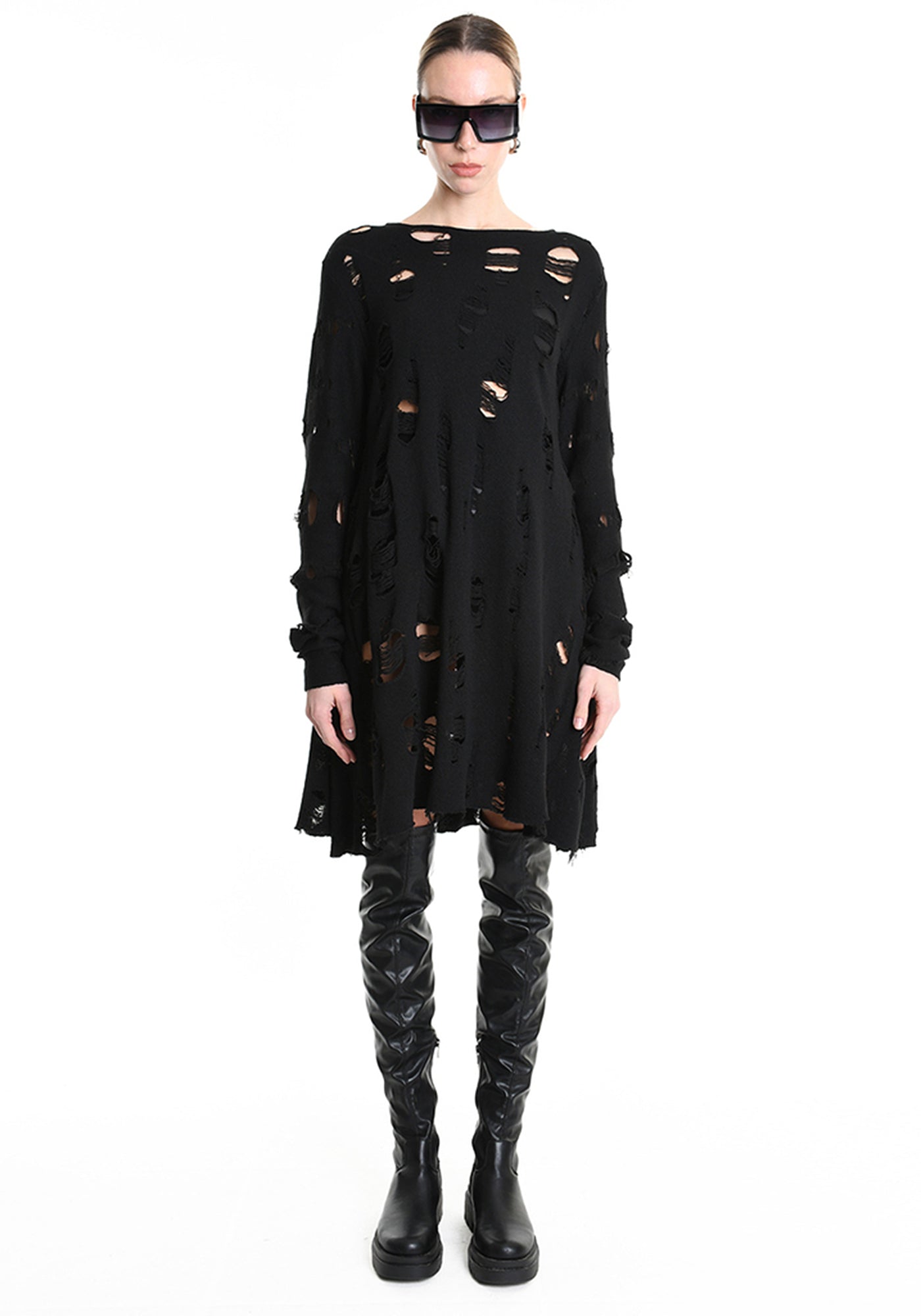 Distressed Flared Wool Blend Dress