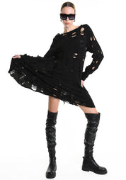 Distressed Flared Wool Blend Dress