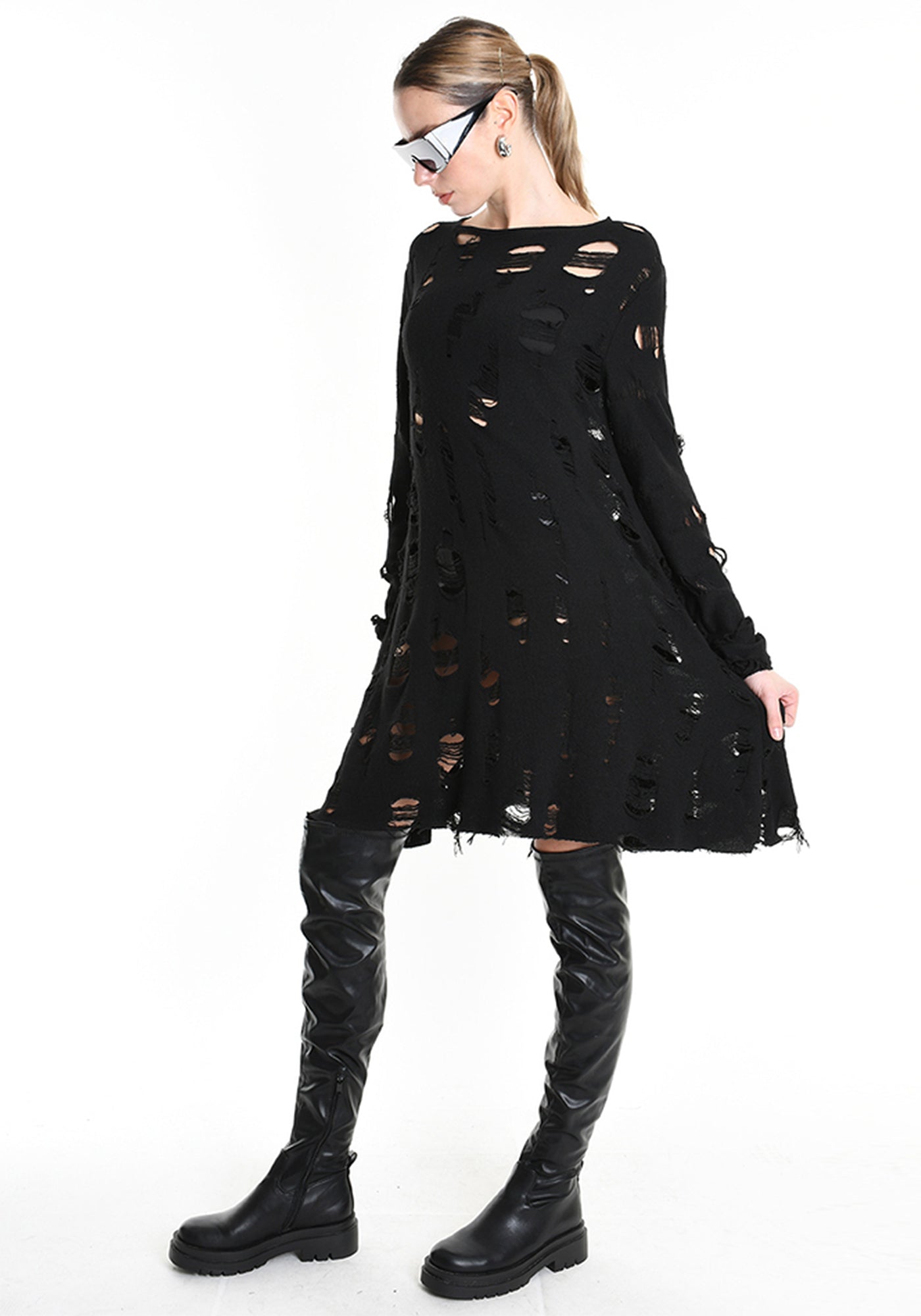 Distressed Flared Wool Blend Dress