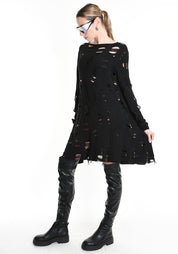 Distressed Flared Wool Blend Dress