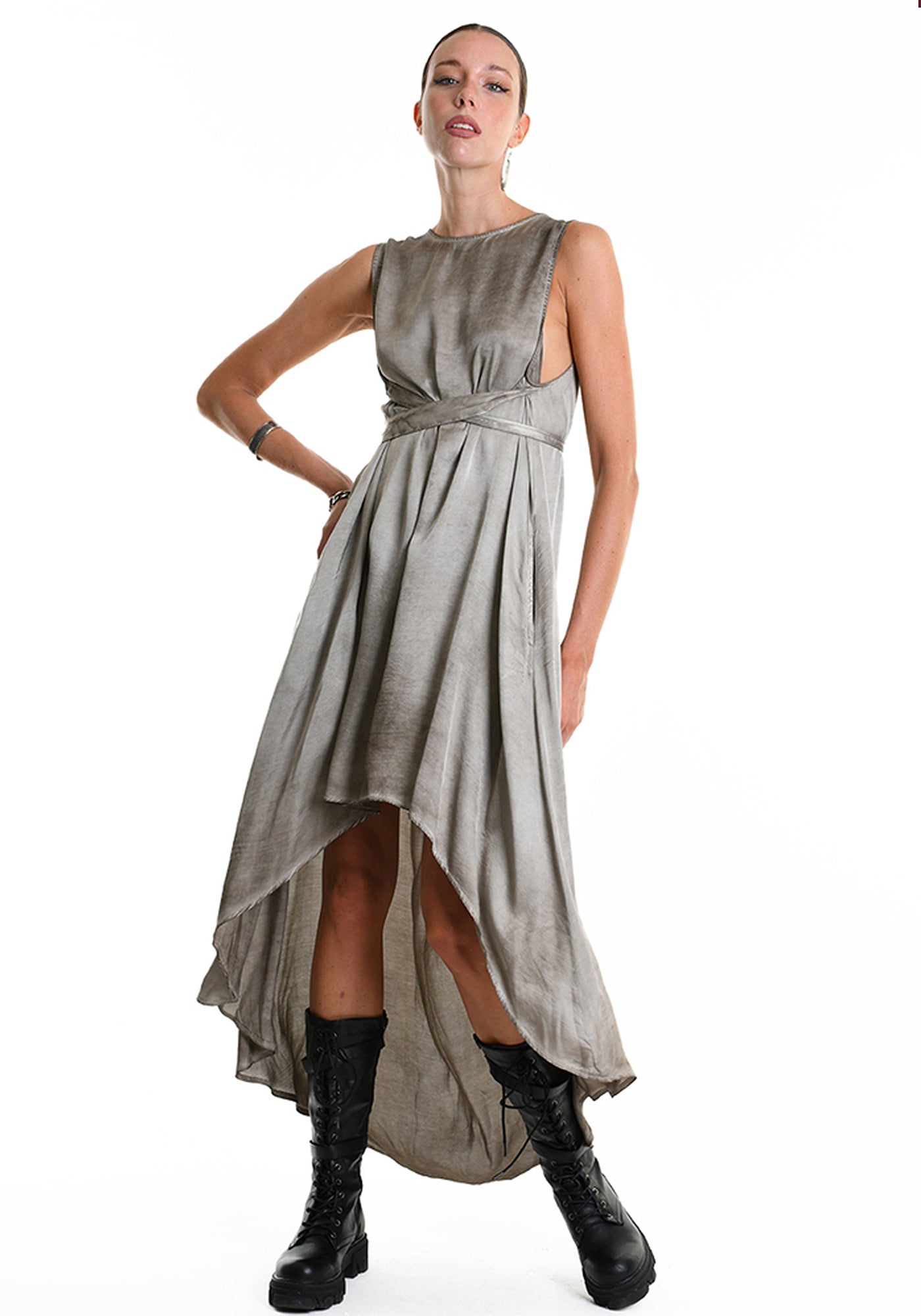 Asymmetric Tie Wrap Waist Sleeveless Dress - December Thieves