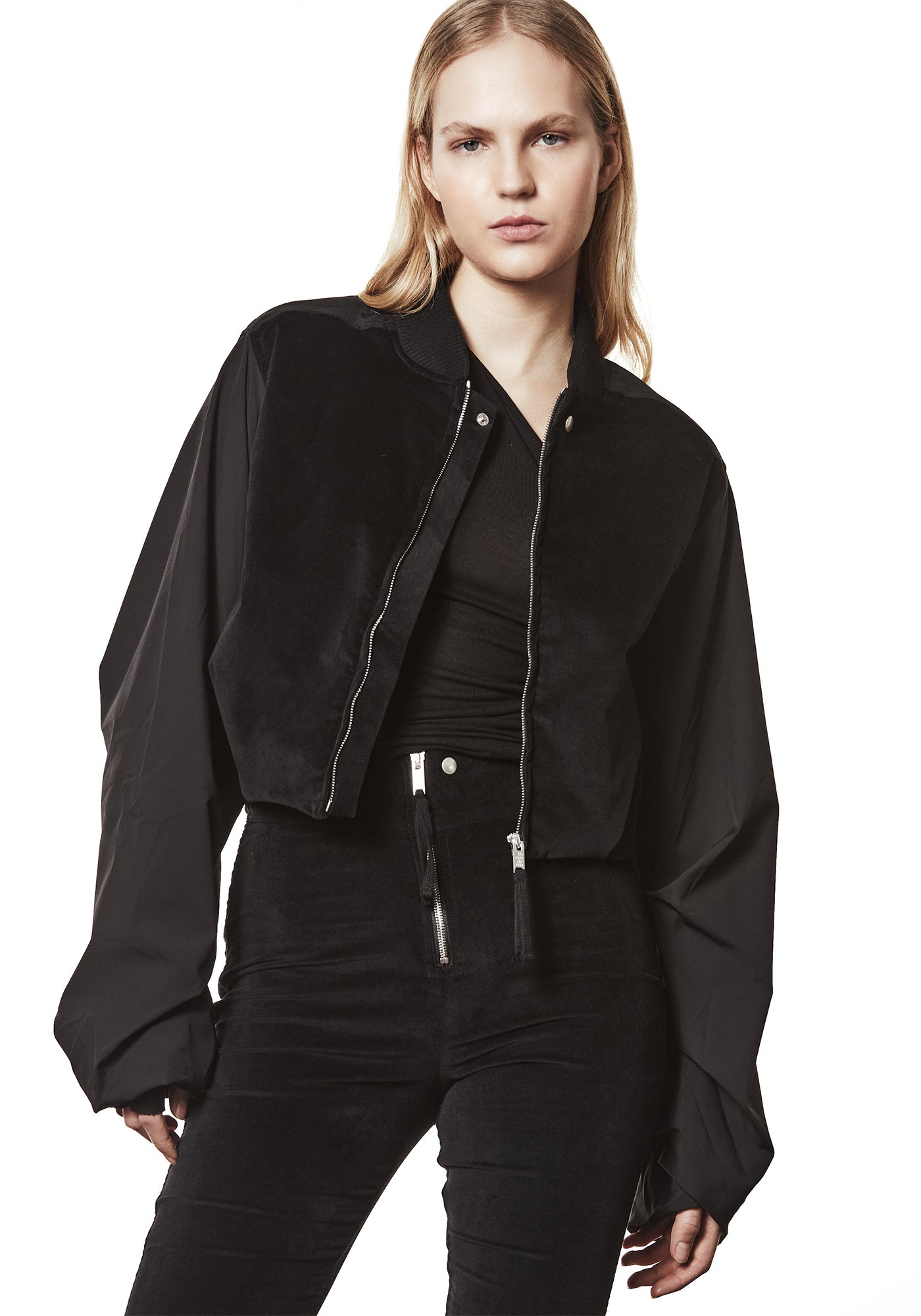 Cropped Gathered Sleeve Bomber Jacket