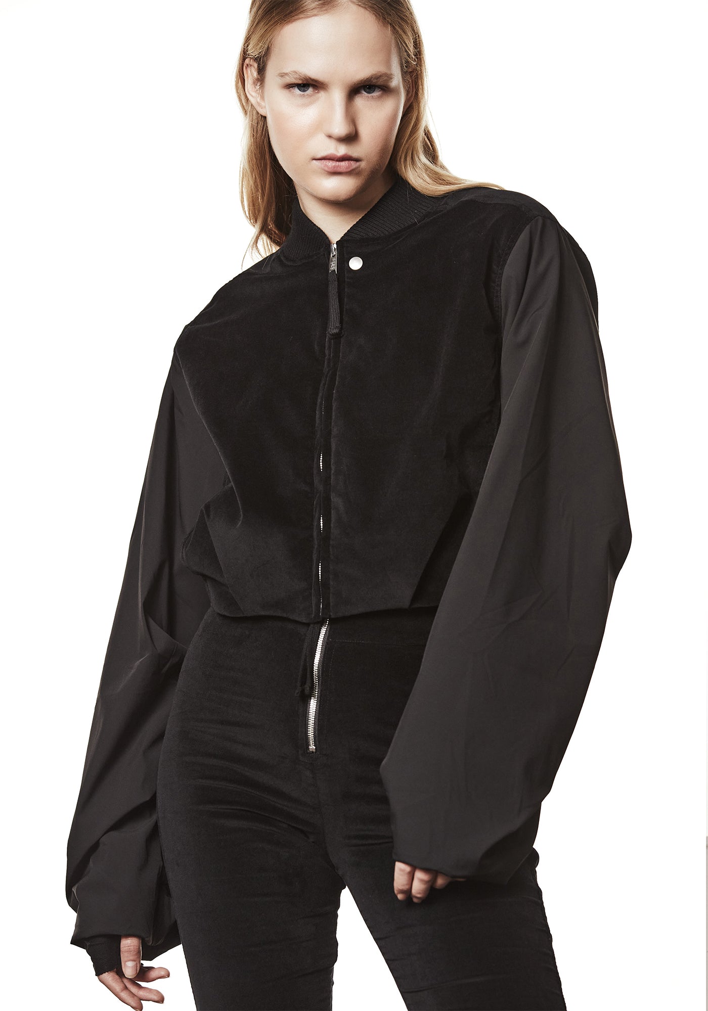 Cropped Gathered Sleeve Bomber Jacket