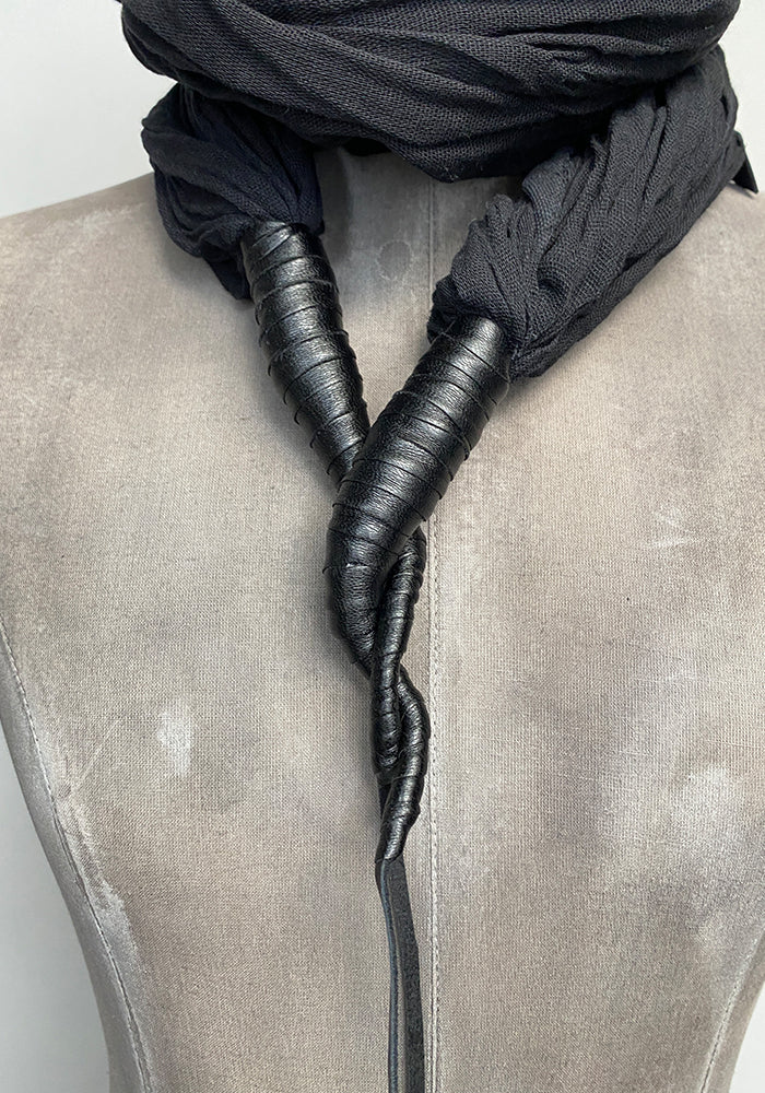 Faux Leather and Black Cotton Scarf