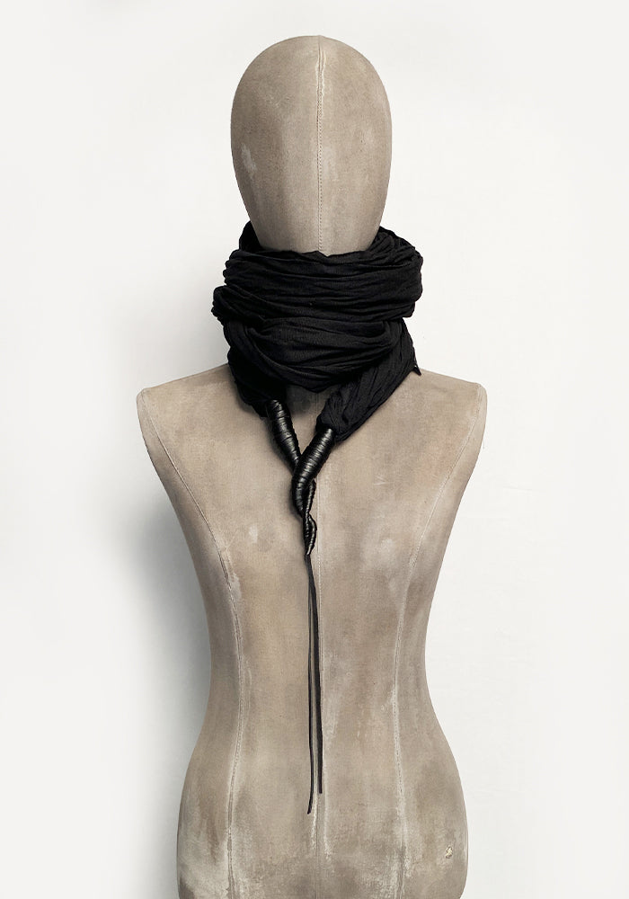 Faux Leather and Black Cotton Scarf