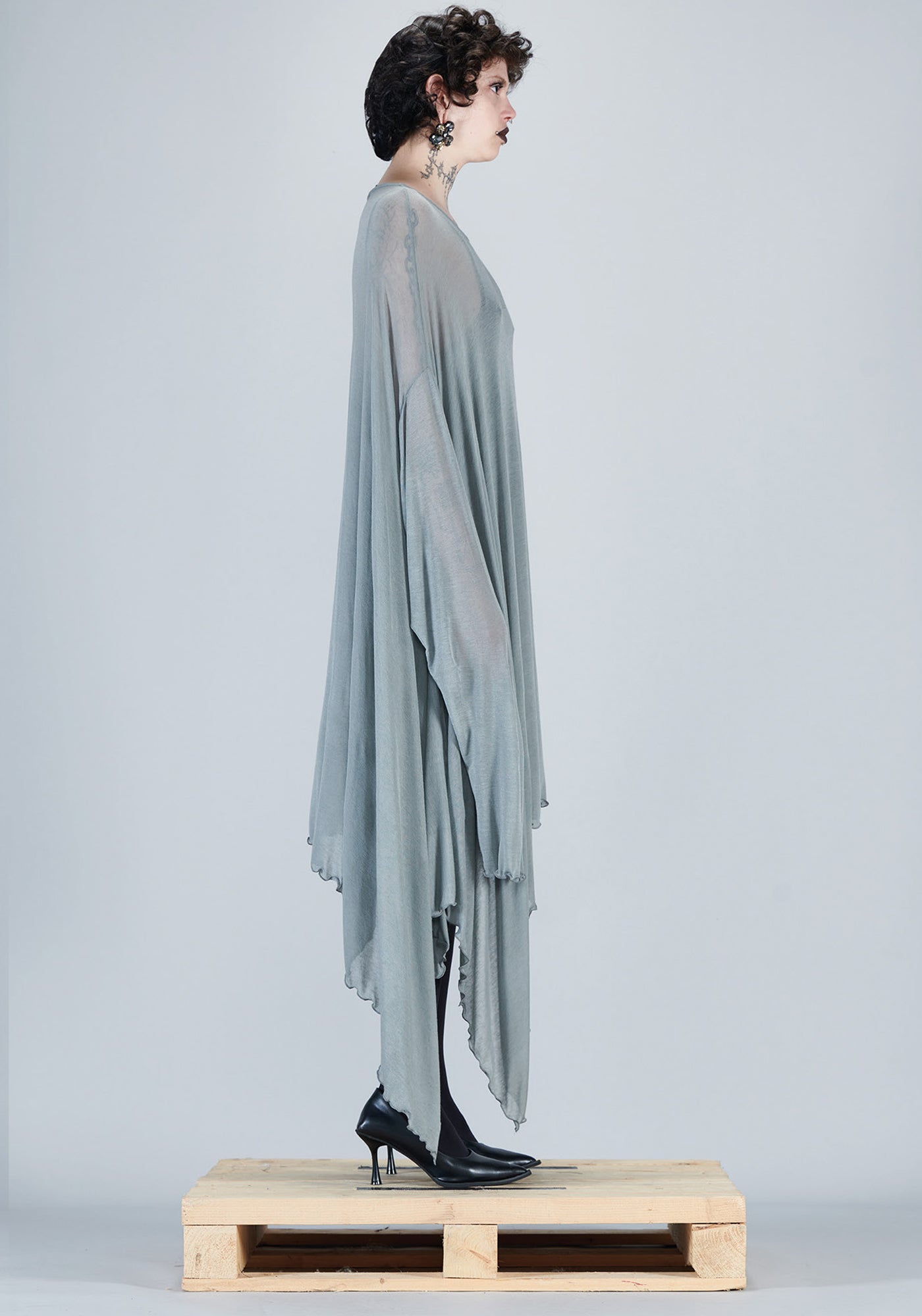 Long Sleeve Asymmetric Cape Dress in OPAQUE GREY Only