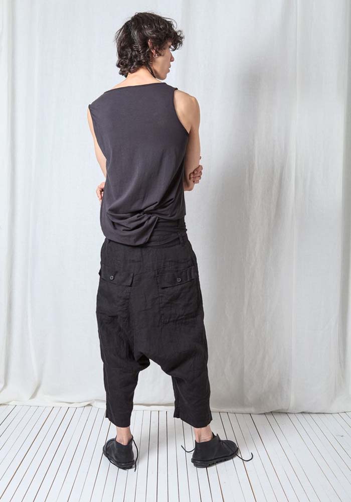 Low Drop Double Tie Waist Linen Trousers