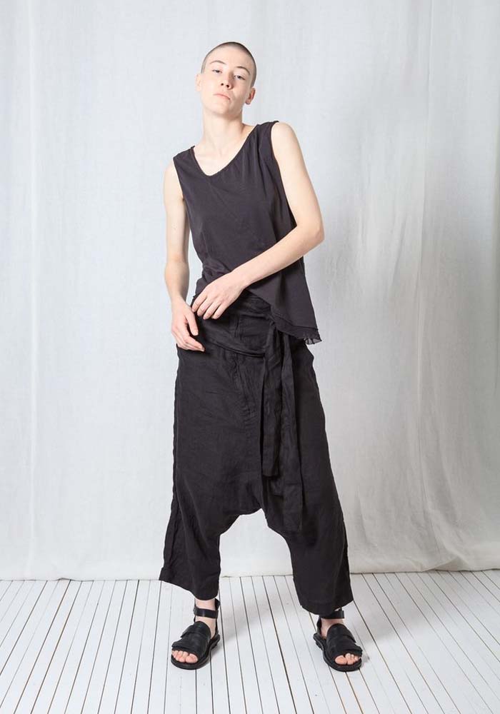 Low Drop Double Tie Waist Linen Trousers