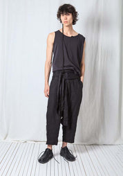 Low Drop Double Tie Waist Linen Trousers