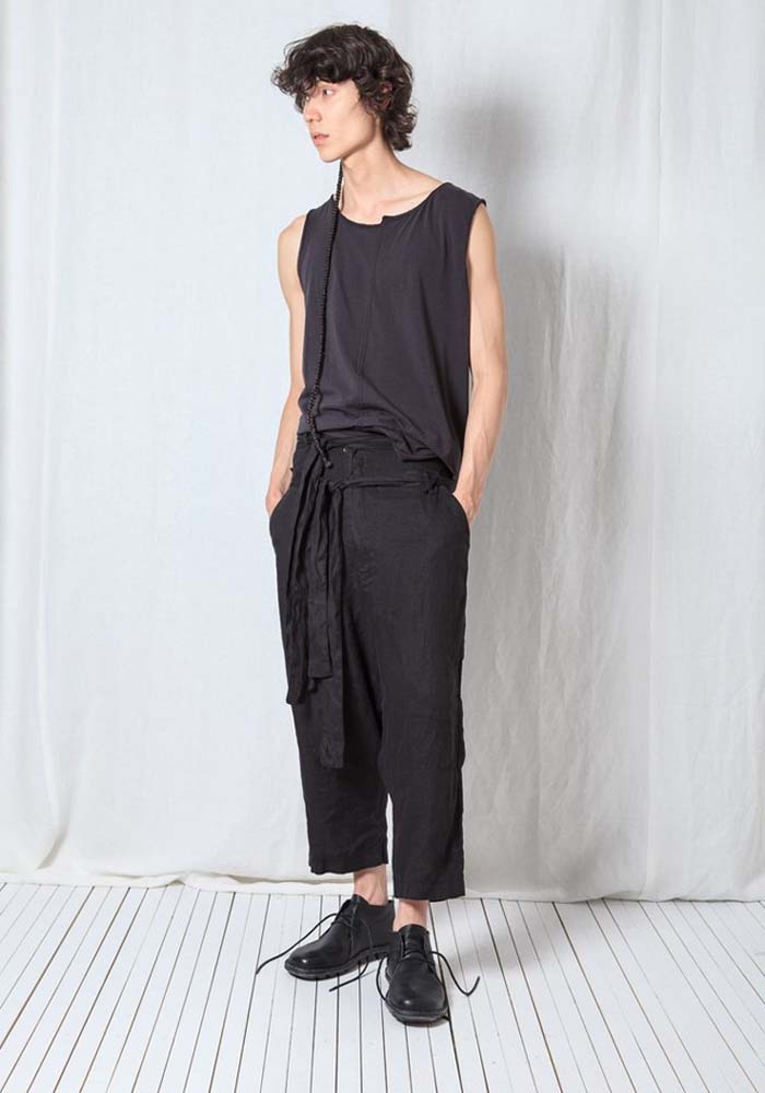 Low Drop Double Tie Waist Linen Trousers