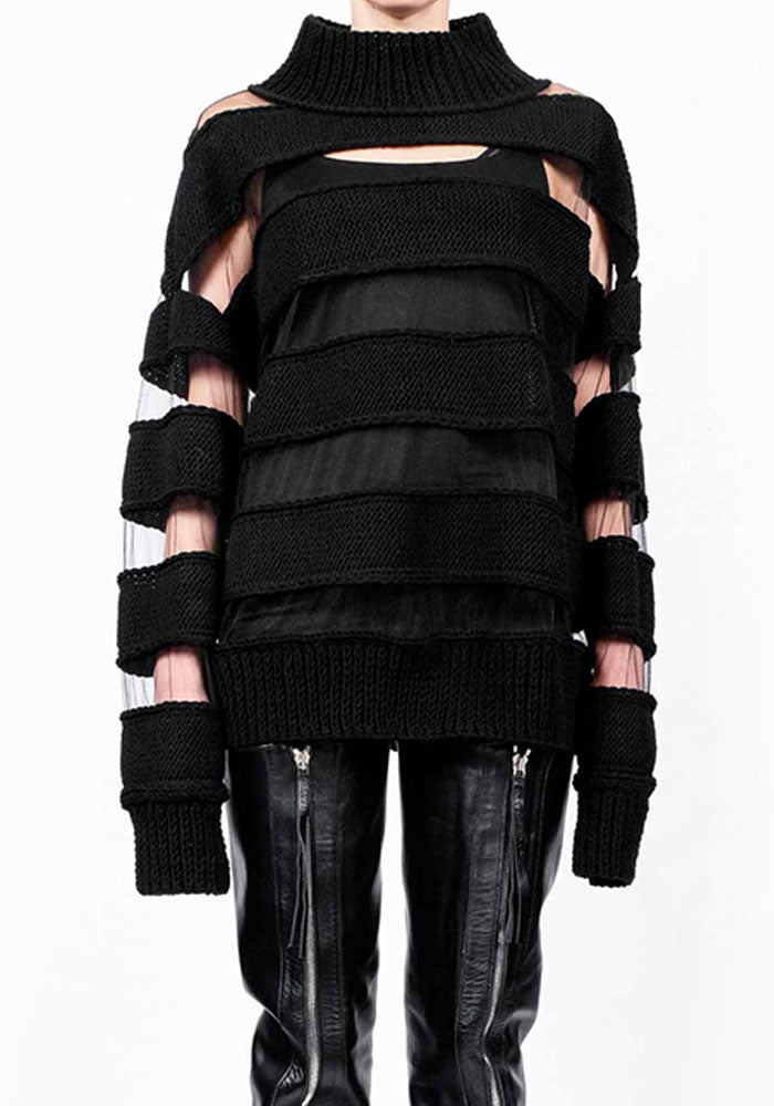 Oversized Wool Blend Sheer Stripes Knit Pullover