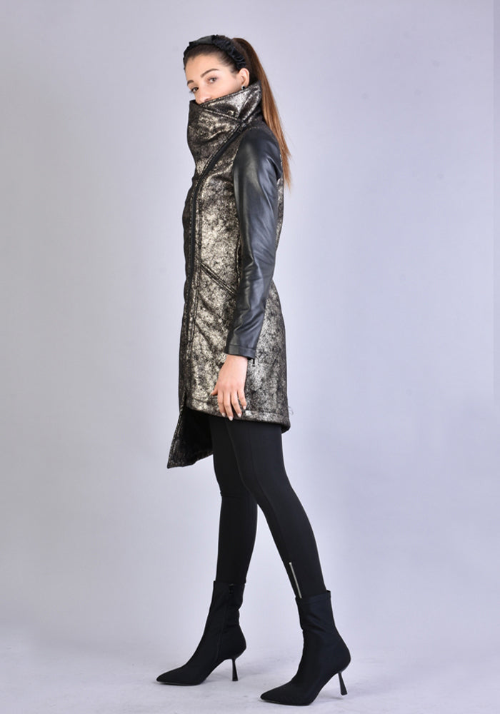 Asymmetric Coated Paneled High Neck Jacket