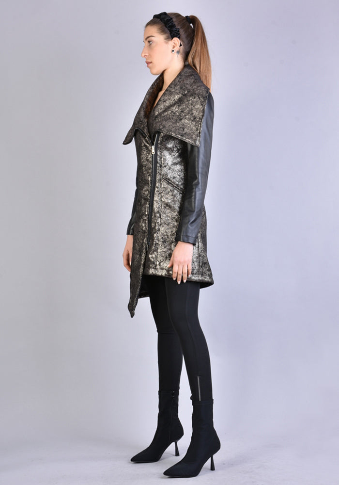 Asymmetric Coated Paneled High Neck Jacket