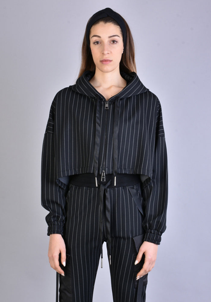 Asymmetric Cropped Hooded Pinstripe Jacket