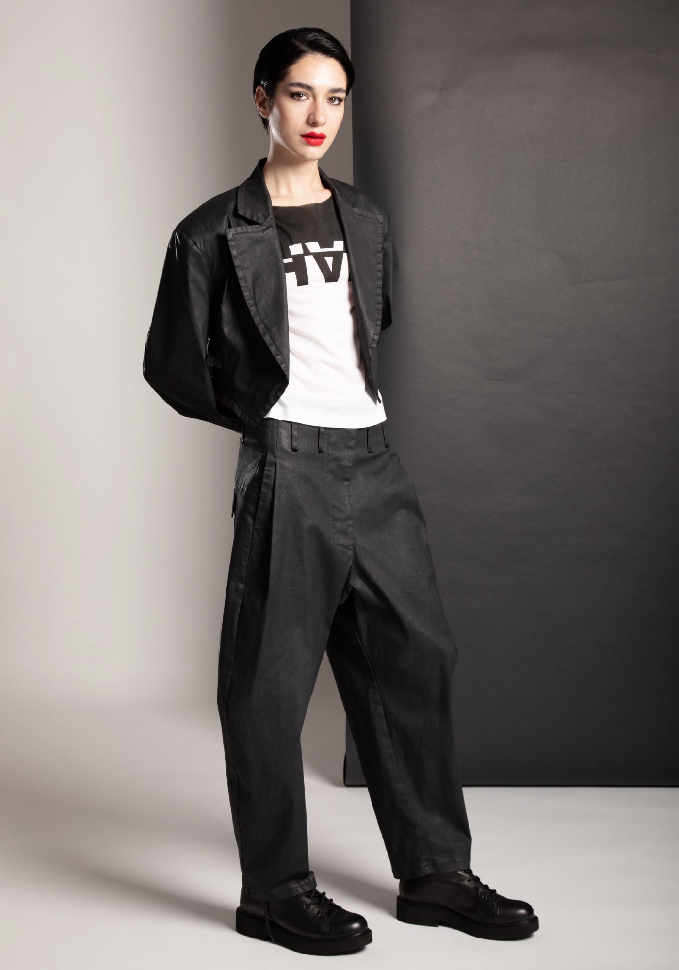 Coated Tapered Leg Trousers