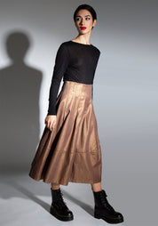 Coated Metallic Copper Midi Length Skirt