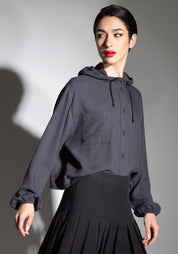 Hooded Button Front Top in BLACK or NAVY