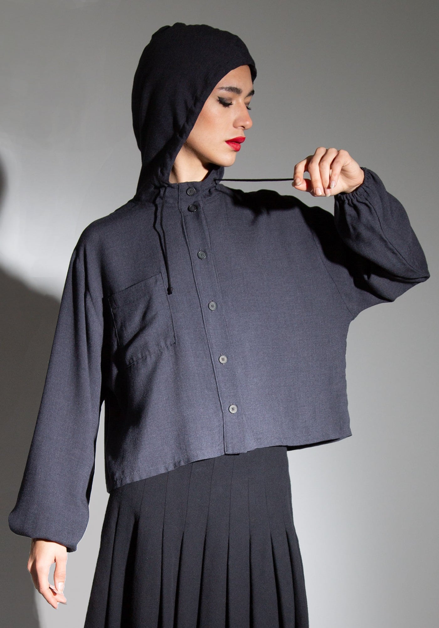 Hooded Button Front Top in BLACK or NAVY