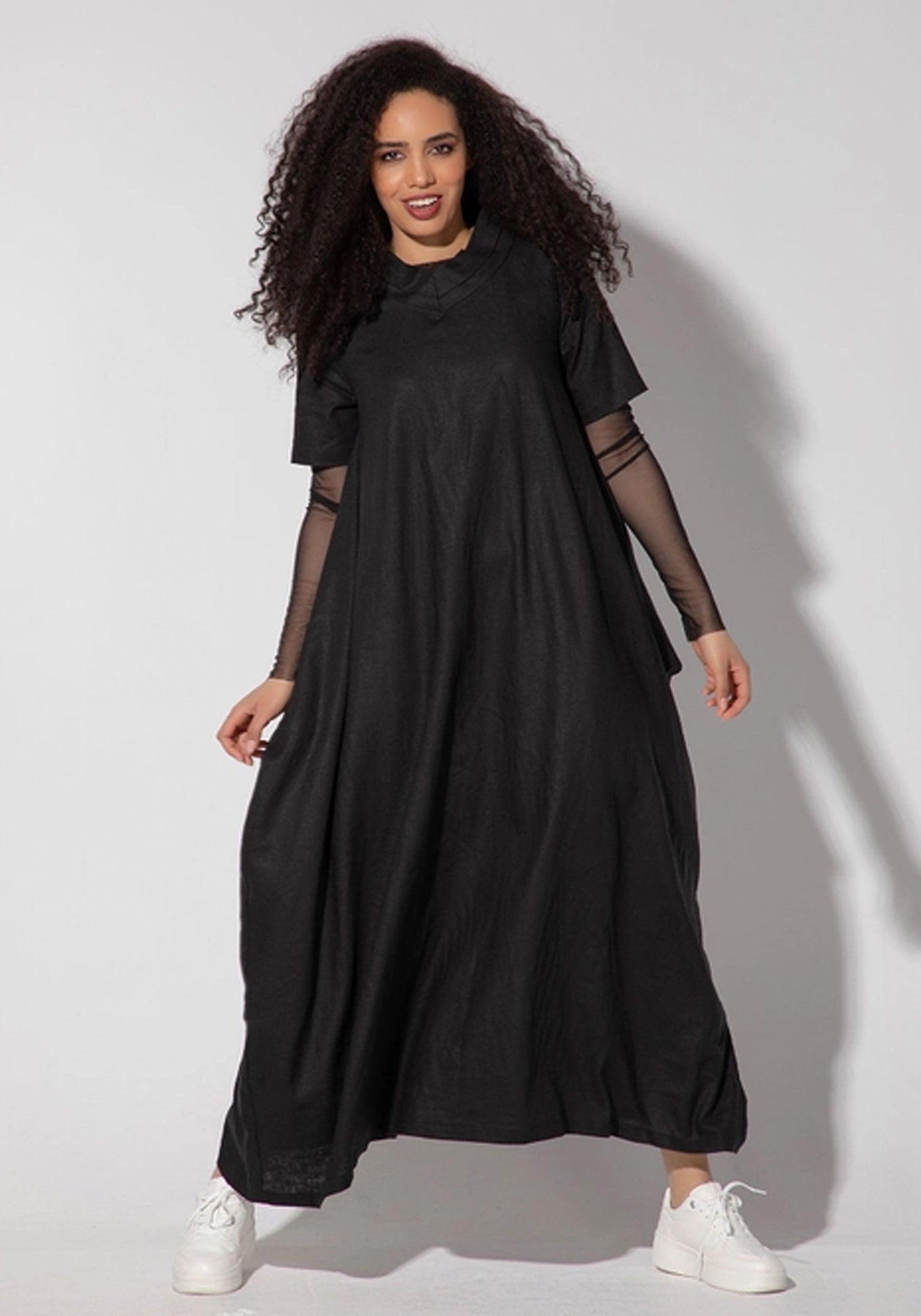 Narissa Maxi Linen Dress with Mesh Sleeves and Pleated Neckline