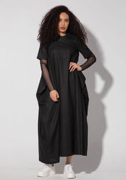 Narissa Maxi Linen Dress with Mesh Sleeves and Pleated Neckline