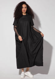 Narissa Maxi Linen Dress with Mesh Sleeves and Pleated Neckline