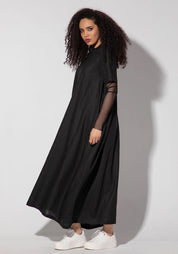 Narissa Maxi Linen Dress with Mesh Sleeves and Pleated Neckline