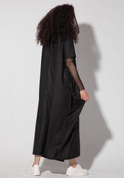 Narissa Maxi Linen Dress with Mesh Sleeves and Pleated Neckline