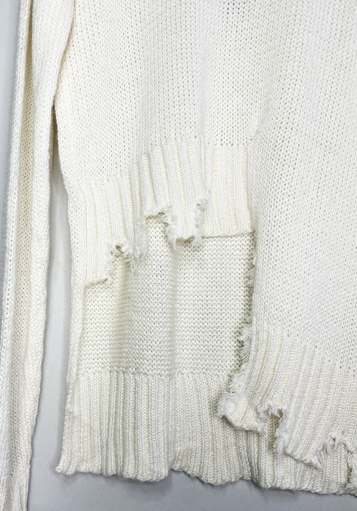 Asymmetric Distressed Ribbed Knit Wool Pullover in OFF WHITE Only