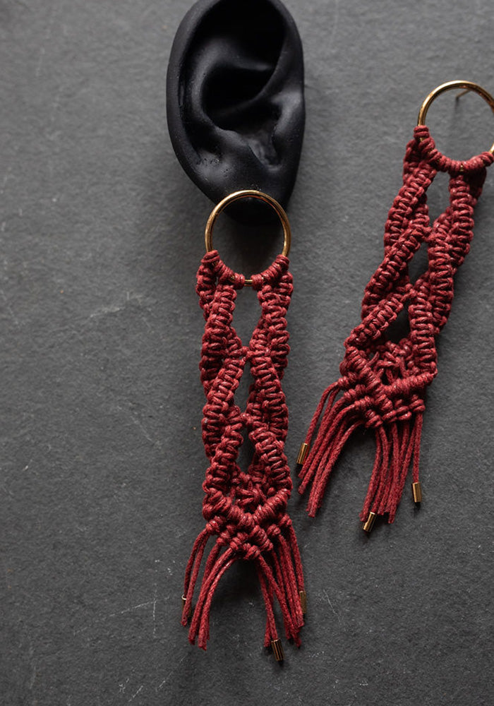 Burgundy Cotton and Yellow Brass Braided Earrings