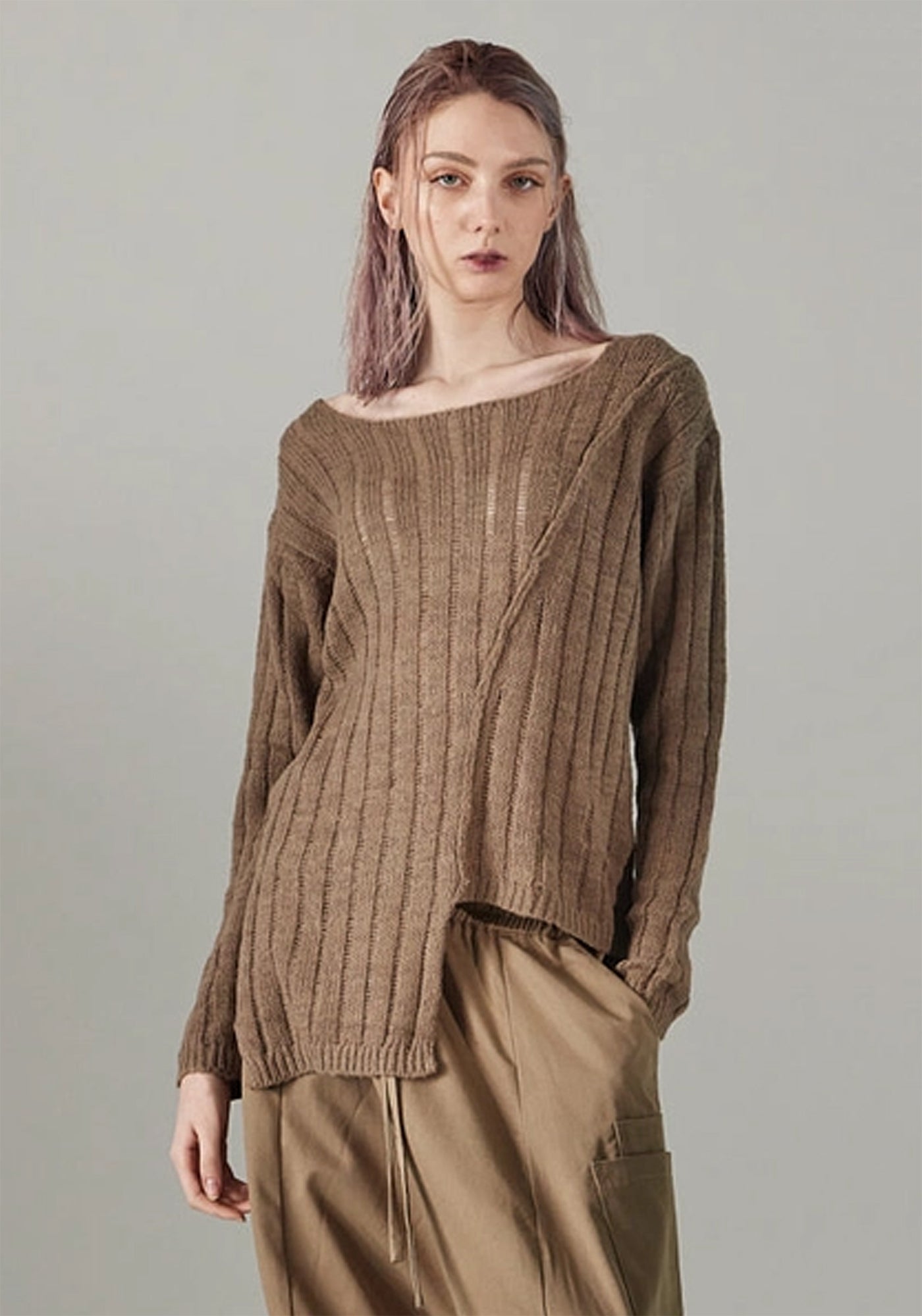 Ribbed Knit Asymmetric Wool Sweater in OFF WHITE Only